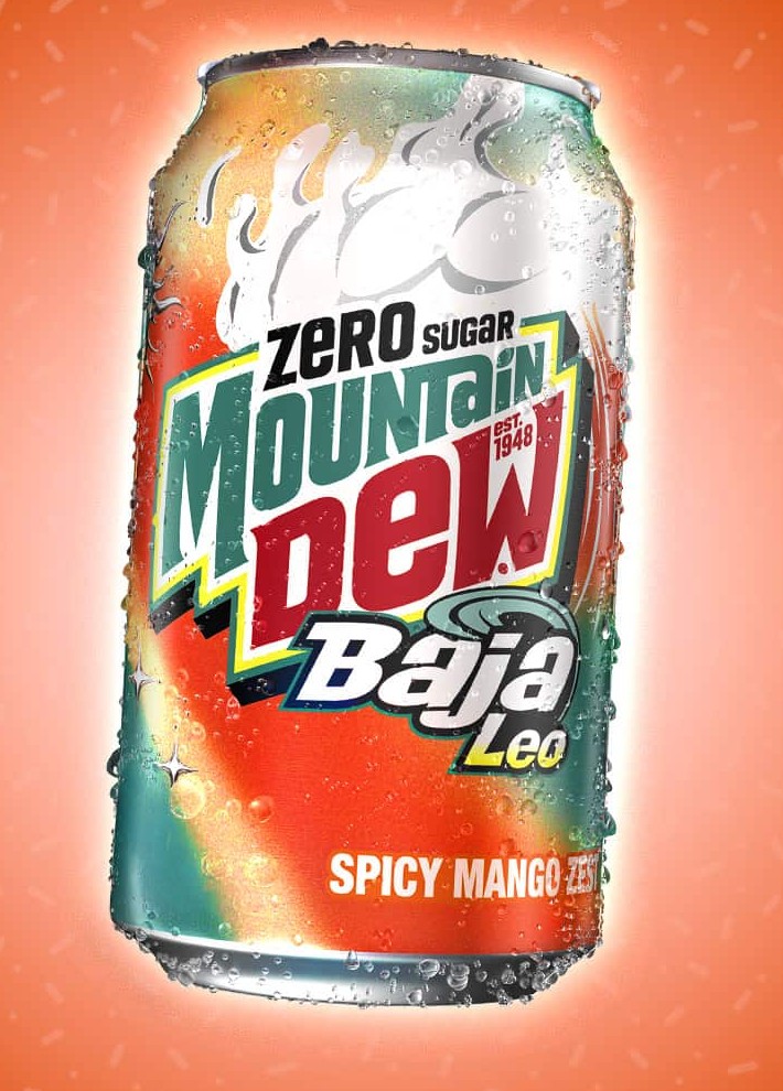 A can of Mountain Dew Baja Leo Zero Sugar, Spicy Mango Zest